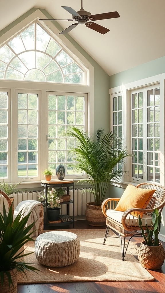 A cozy sunroom featuring large windows, plants, and earthy color palettes.