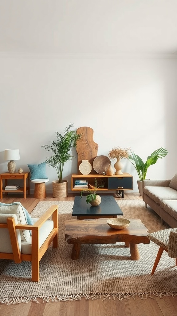 A cozy living room featuring eco-friendly furniture with natural wood tones and plants.
