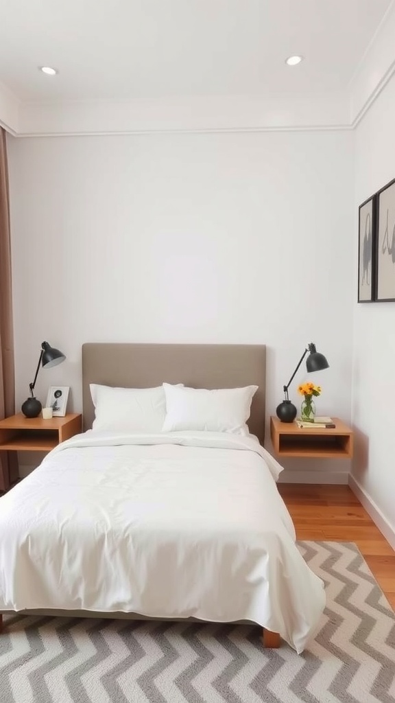 A small bedroom featuring a bed with a floating nightstand on each side, illuminated by wall-mounted lamps.