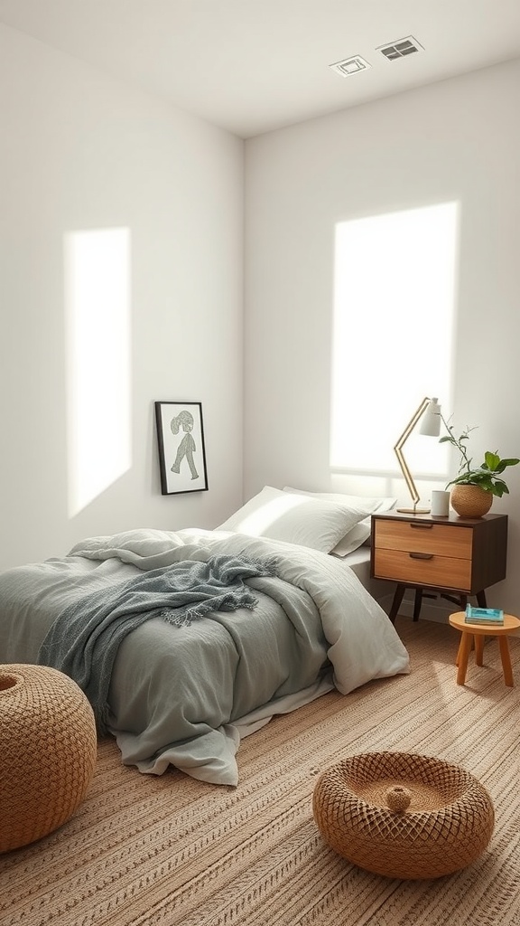 A minimalist bedroom with a bed, bedside table, lamp, plant, and woven poufs.