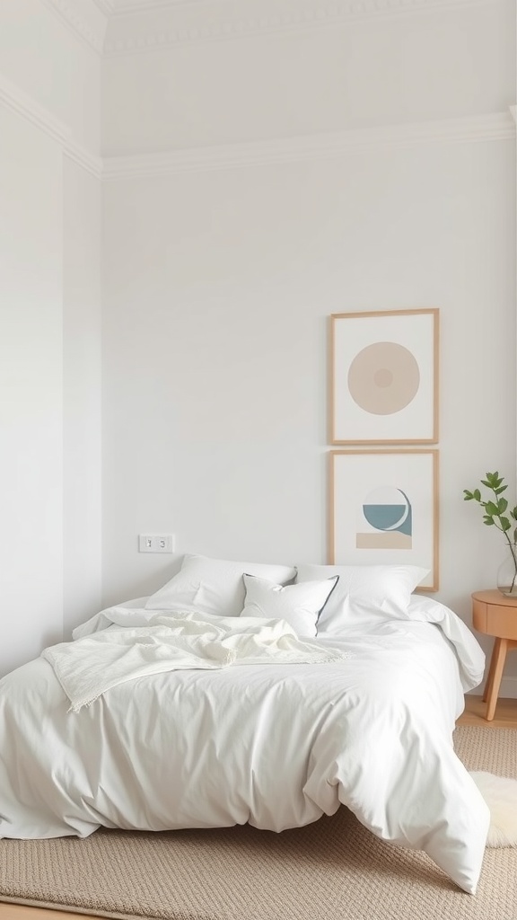 Cozy minimalist bedroom with white bedding and simple patterned artwork