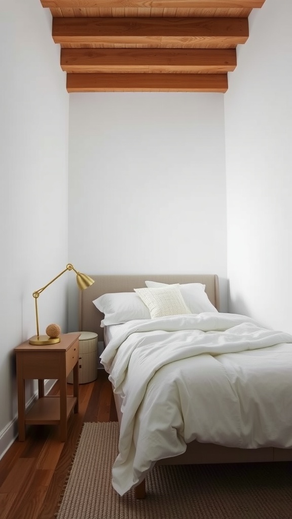 A narrow bedroom featuring a simple bed with white bedding and a slim nightstand with a lamp.