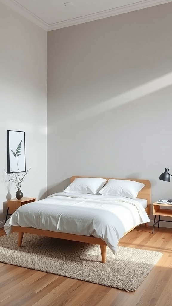 A minimalistic bedroom featuring a wooden bed frame, white bedding, and simple decor.