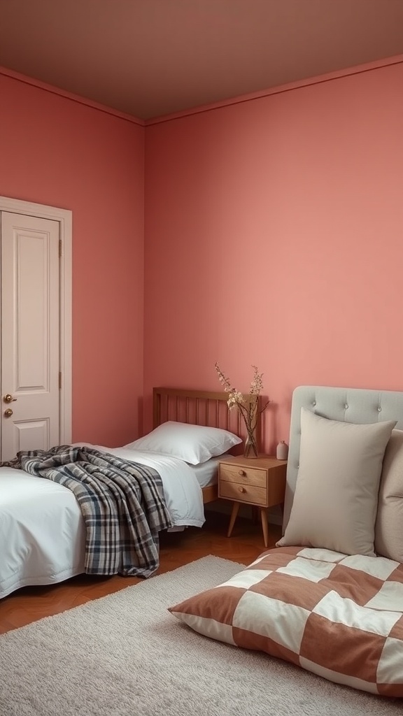 Cozy bedroom with coral walls, soft bedding, and neutral decor.