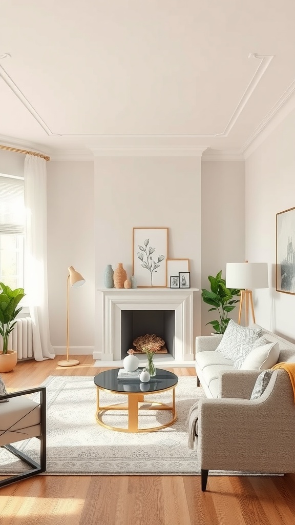 A serene living room with light-colored walls, a cozy sofa, a coffee table, and decorative plants
