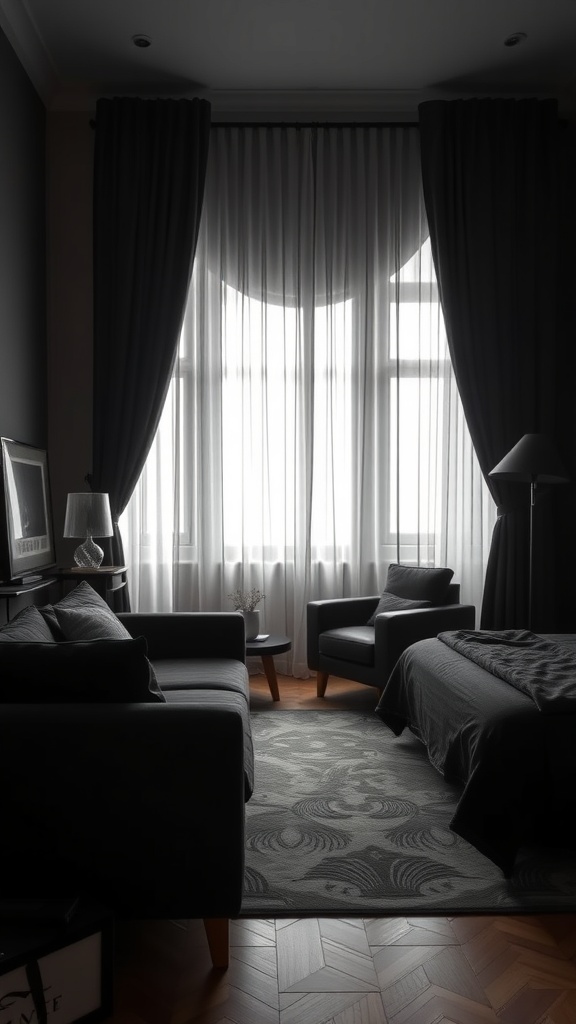 A stylish black bedroom featuring dark curtains and sheer panels, with black furniture and a cozy atmosphere.