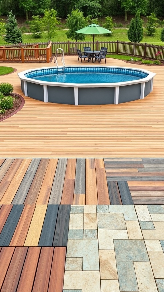 An above ground pool with a wooden deck, showcasing various deck materials including wood and stone.
