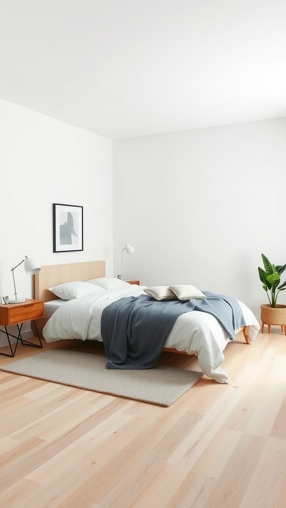 A minimalist bedroom featuring light wood flooring, a bed with white bedding, and simple decor.