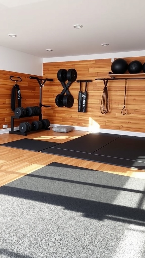 A home gym featuring hardwood flooring and black mats, equipped with weights and exercise equipment.