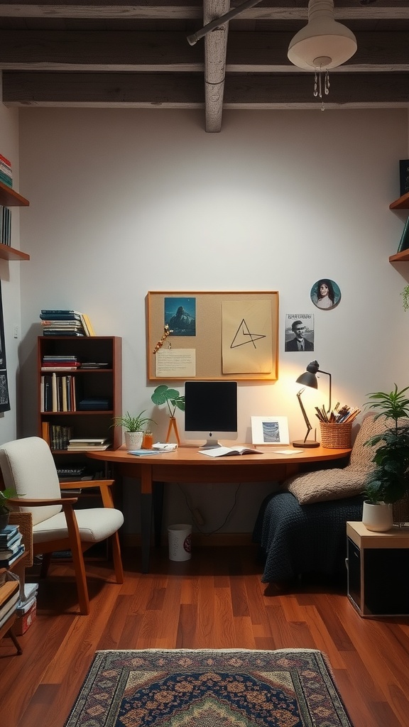 A cozy hobby room with wooden flooring, a desk, bookshelves, and a patterned rug