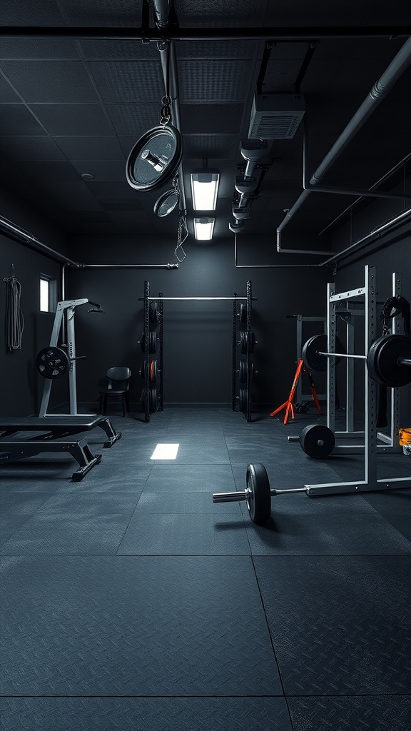 A black garage gym featuring various gym equipment and dark flooring.