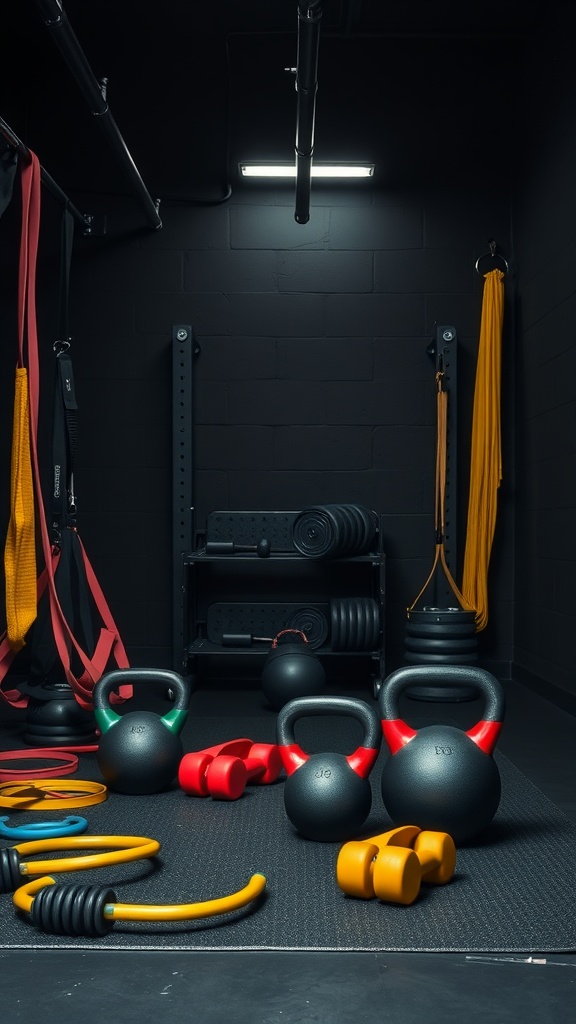 A black garage gym featuring kettlebells, dumbbells, and resistance bands.
