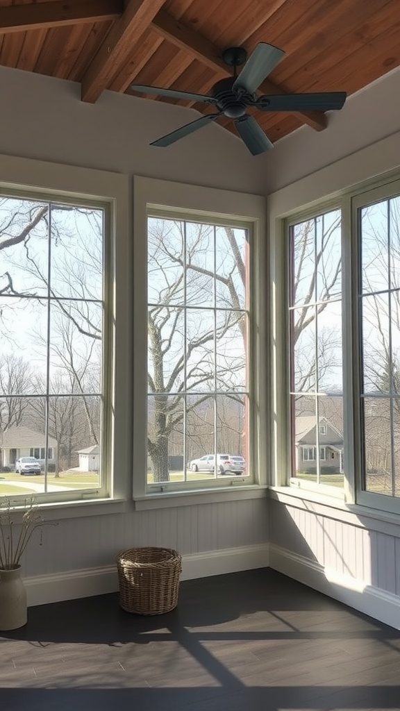 Bright, airy all-season room with large windows and a ceiling fan.