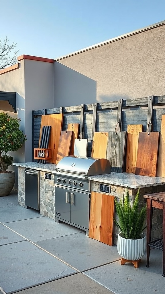 A backyard outdoor kitchen featuring a modern grill, stone countertops, wooden boards, and potted plants.
