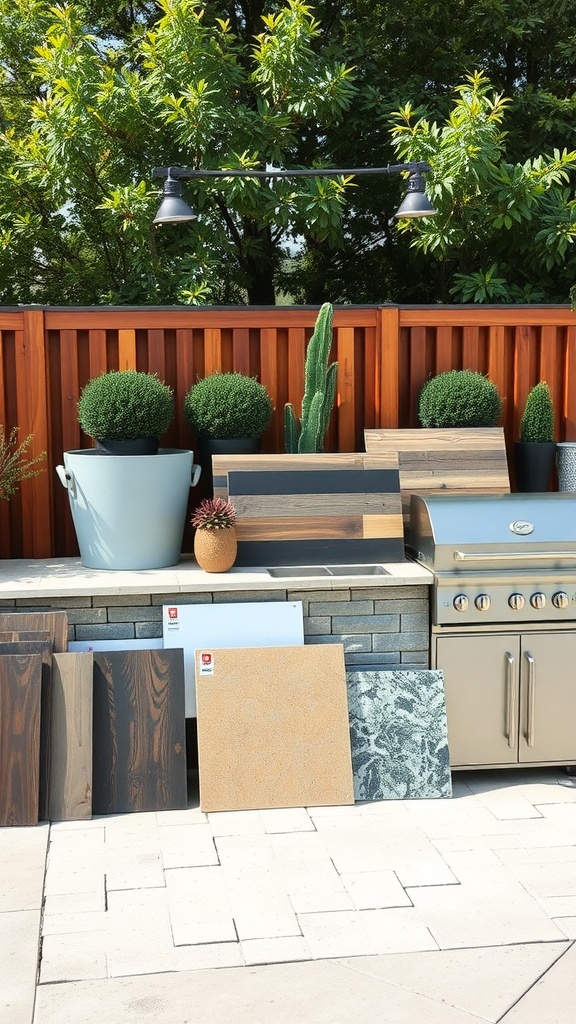 A selection of outdoor kitchen materials, including wood and stone samples, alongside a grill on a deck.