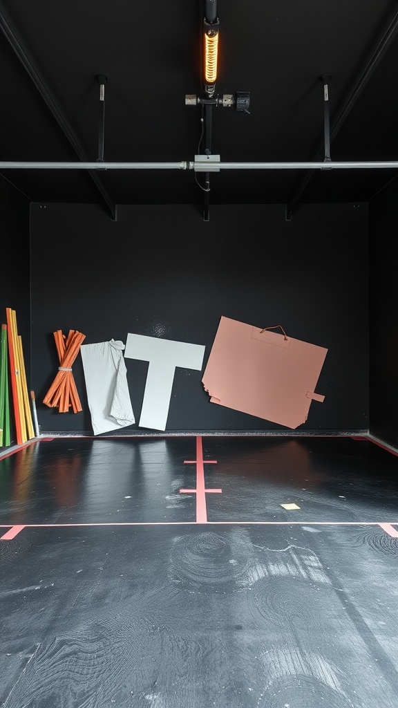 Interior of a black garage gym with various paint samples and workout equipment