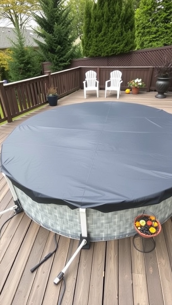 An above ground pool covered with a black pool cover on a wooden deck, surrounded by trees and a few decorative items.