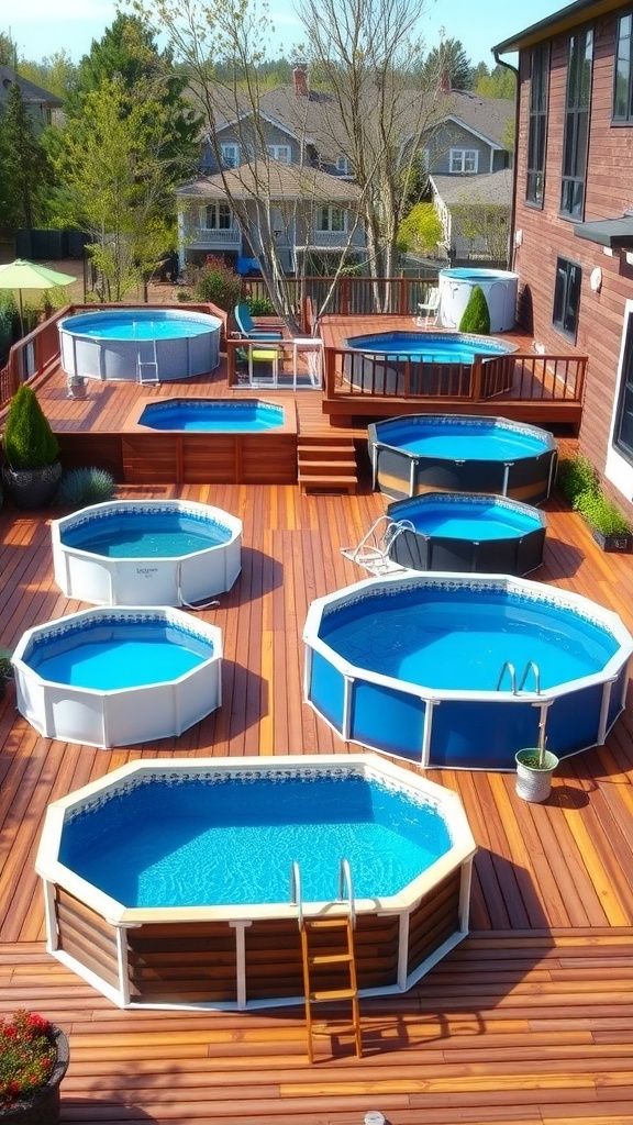 A variety of above-ground pools in different shapes on a wooden deck, showcasing a vibrant outdoor space.