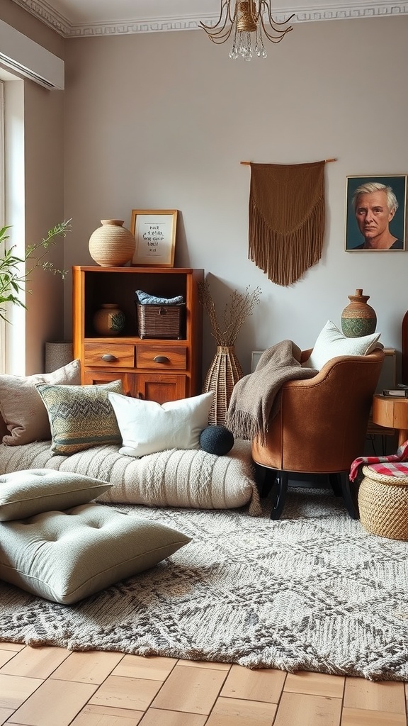 Cozy studio apartment with various textiles including cushions, throws, and a patterned rug.