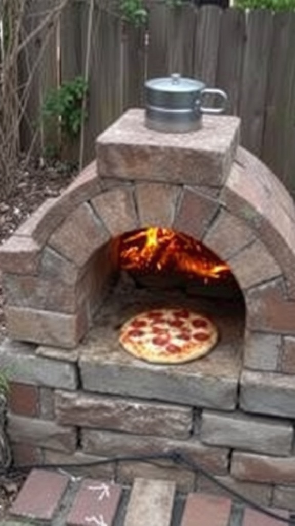 A cinder block pizza oven with a pizza inside, showing flames and smoke, in an outdoor setting.