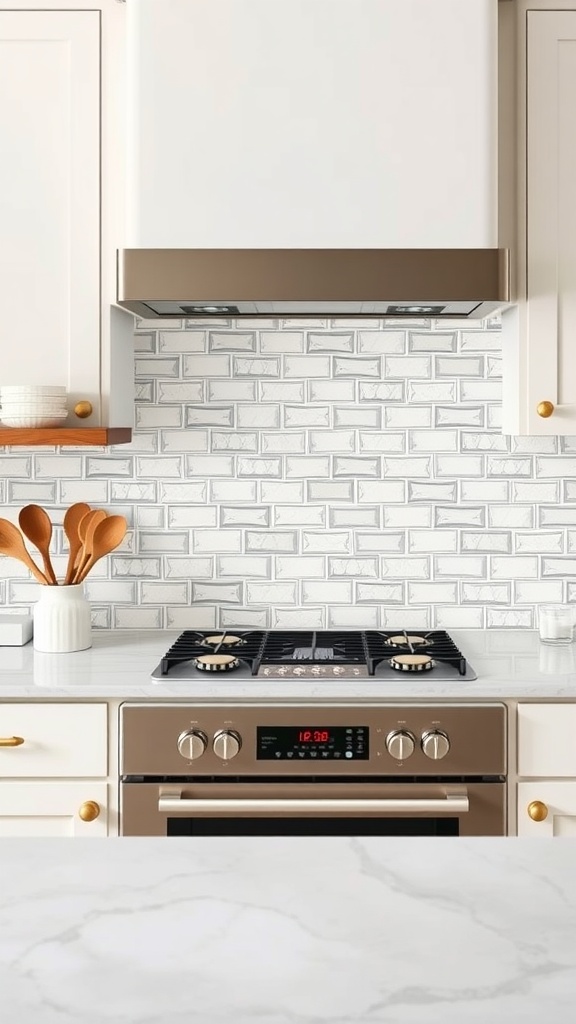 Modern kitchen with a white subway tile backsplash and brass elements.