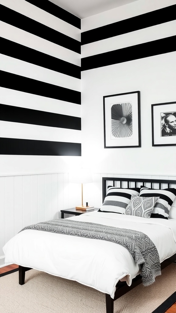 A modern bedroom with black and white striped walls, a white bed with patterned pillows, and stylish decor.