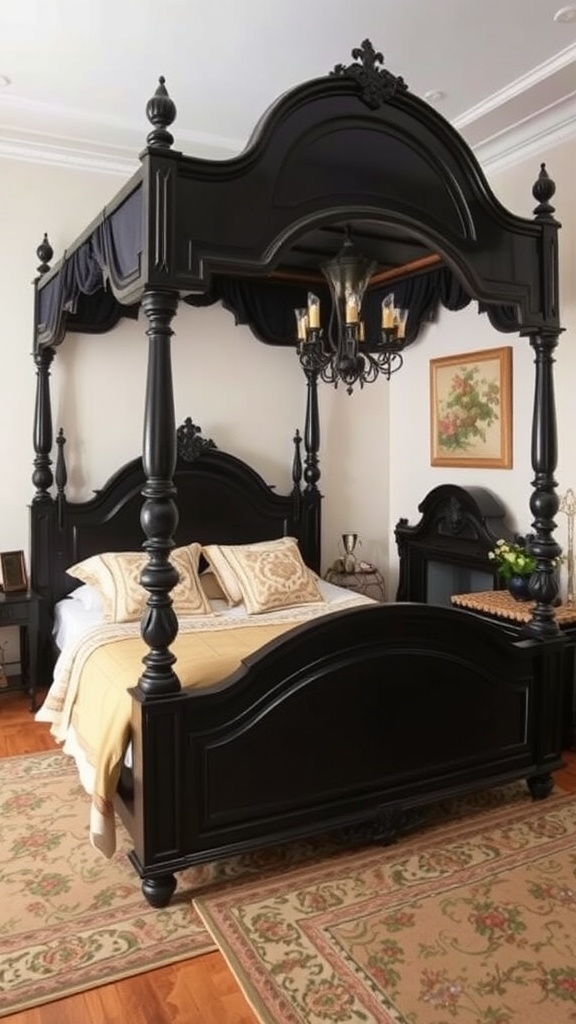 A classic black canopy bed with elegant decor in a traditional bedroom setting.
