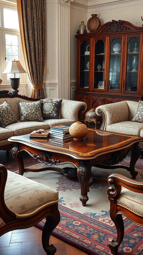 A vintage living room featuring a classic wooden coffee table with intricate carvings, surrounded by elegant furniture.