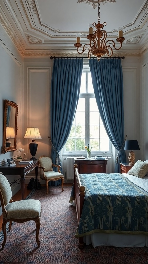 A beautifully decorated bedroom featuring blue drapes, a chandelier, and elegant furniture.