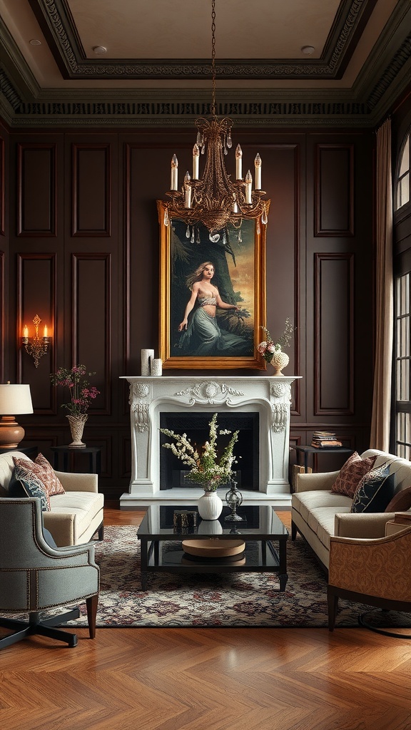 A classic living room featuring rich wood paneling, elegant chandelier, vintage portrait, and cozy seating.