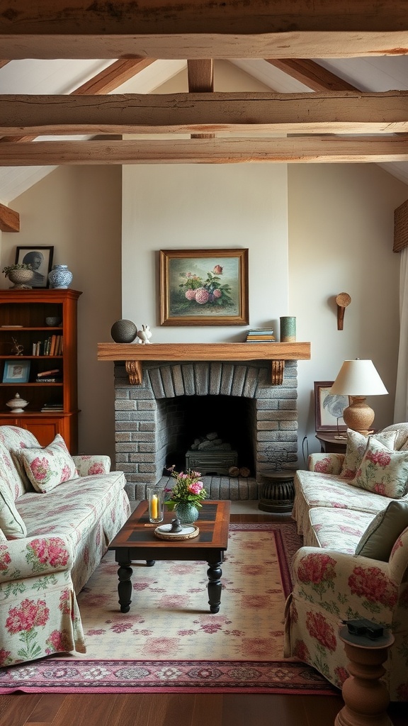 A cozy English cottage living room with floral-patterned sofas, a fireplace, and wooden beams.