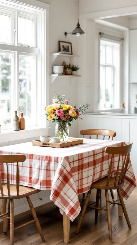 A cozy kitchen nook featuring a checkered tablecloth, wooden chairs, and a vase of flowers on the table.