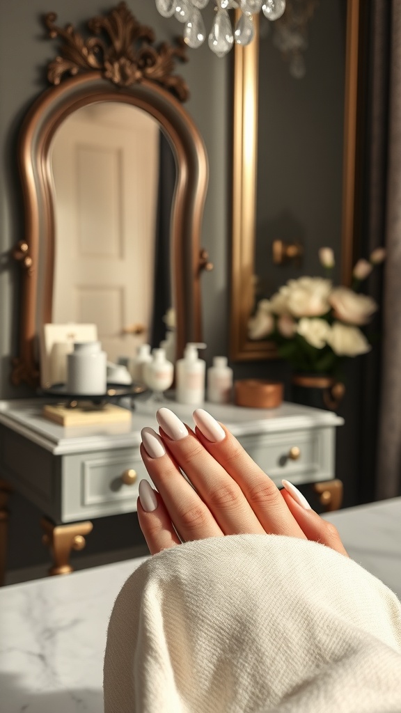 A close-up of hands with classic French almond nails, showcasing a chic manicure.