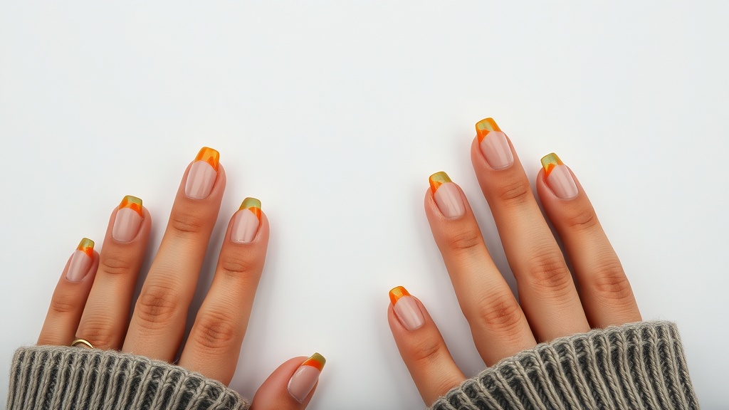 Nails featuring classic French tips with orange and gold accents, styled for fall.