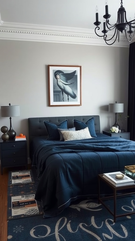 A stylish bedroom featuring a navy and gray color scheme with a bed, artwork, and decorative elements.
