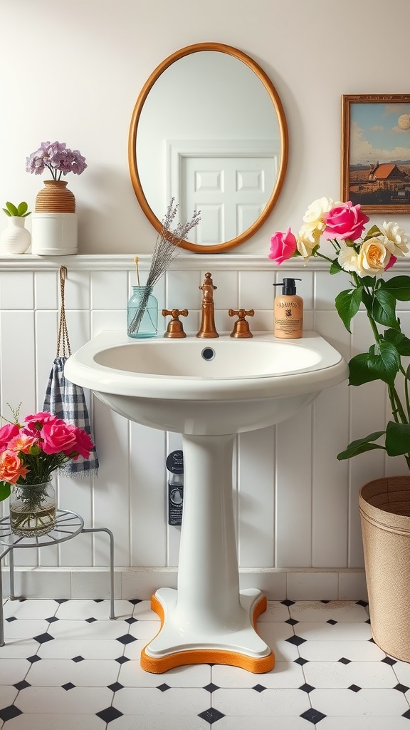 Classic pedestal sink with decorative flowers and warm tones in a vintage bathroom setting