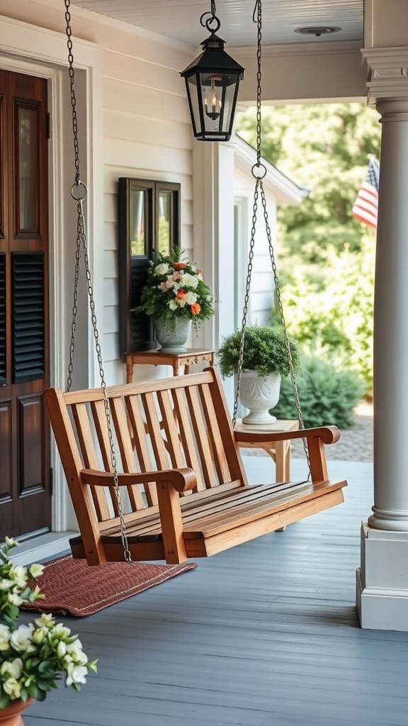 A classic wooden porch swing hanging from chains on a front porch, surrounded by potted plants and a lantern.