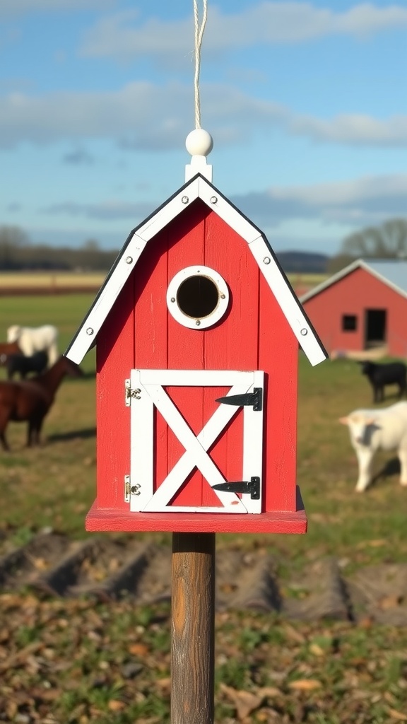 A classic red barn style birdhouse with white accents, set in a rural landscape with farm animals in the background.