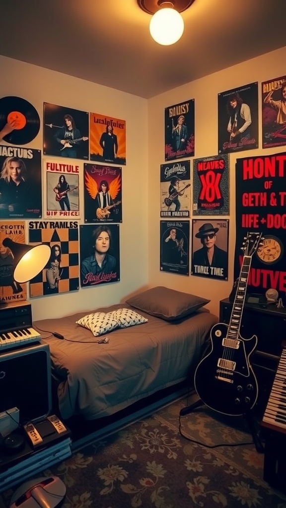 A teen bedroom featuring classic rock band posters, a cozy bed, and a guitar, creating a music-themed vibe.