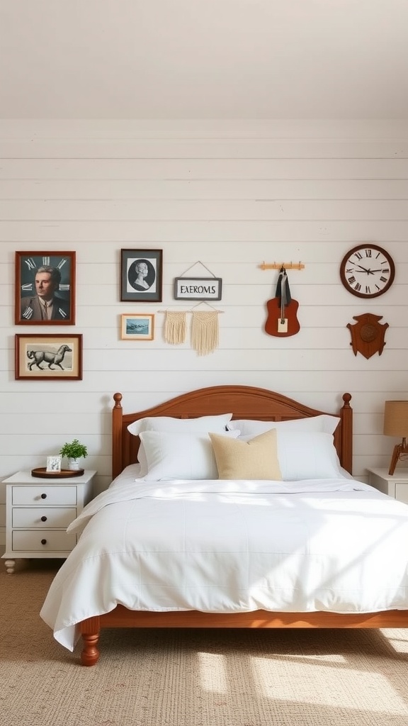 A cozy bedroom featuring a classic shiplap accent wall with framed art, a wooden bed, and a nightstand with a plant.