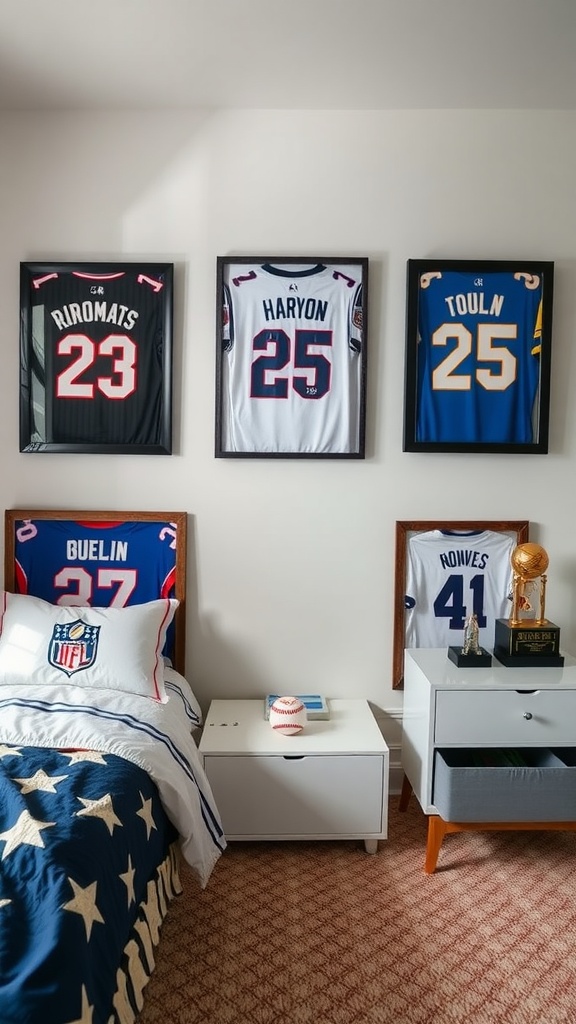 A teen bedroom displaying framed sports jerseys on the wall, a cozy bed with a star-patterned blanket, and a nightstand with a baseball and trophy.
