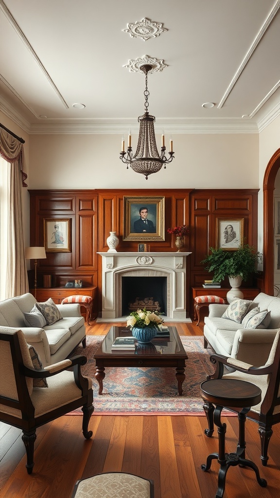 A classic traditional living room featuring wooden paneling, a chandelier, elegant furniture, and framed portraits.