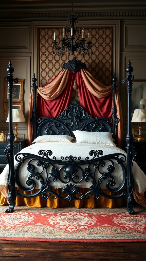 A classic Victorian style bedroom featuring a black iron bed frame with ornate details, surrounded by rich red and gold decor.