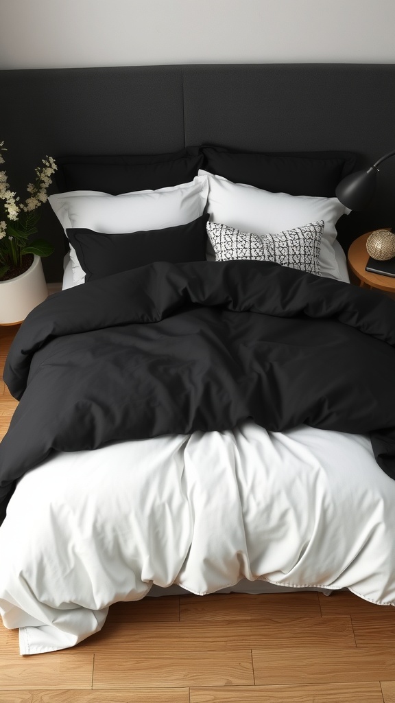 A black comforter on a bed with white sheets and pillows, featuring a mix of black and patterned pillows, alongside a potted plant.