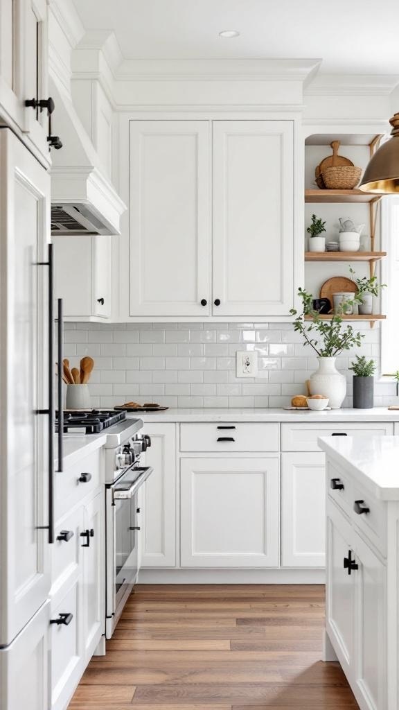 A bright kitchen featuring classic white cabinets with black hardware, open shelving, and wooden accents.