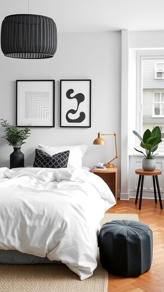 A stylish black Scandinavian bedroom featuring white bedding, black pendant light, and minimalist decor.