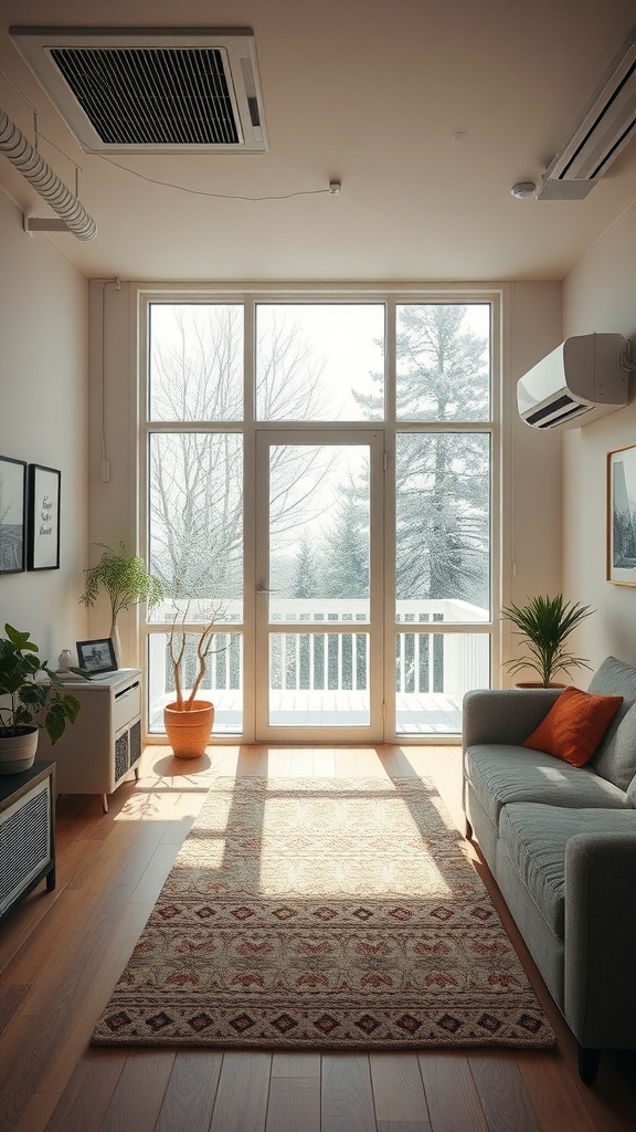 Cozy all season room with large windows, air conditioning unit, and plants, showcasing climate control solutions.