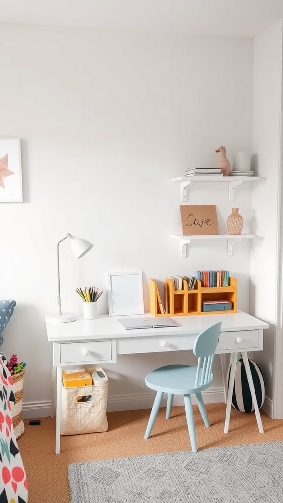 A bright and minimal kids' workstation featuring a white desk, colorful organizers, and a blue chair.