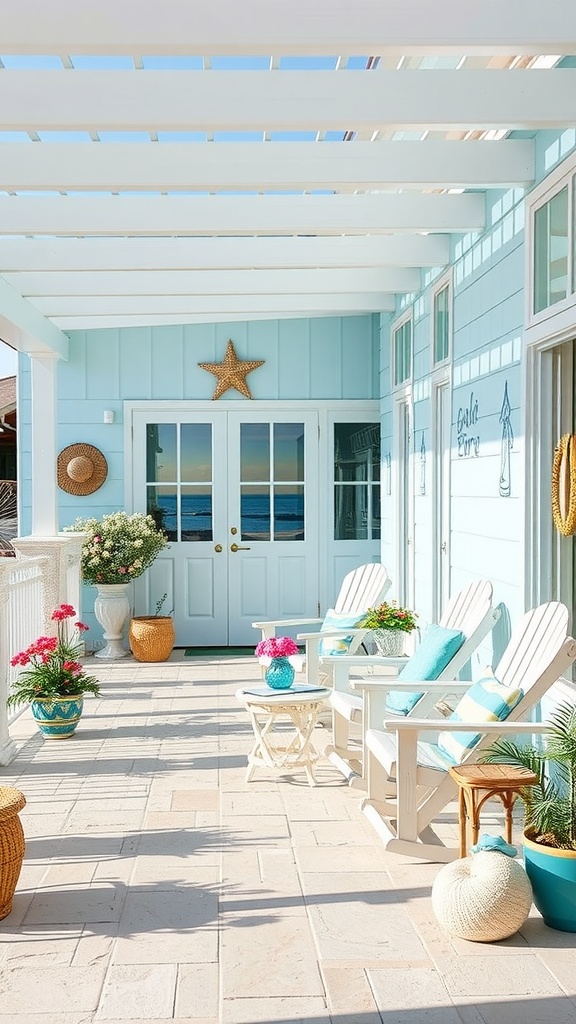 Coastal outdoor patio with light blue walls, Adirondack chairs, and floral decorations
