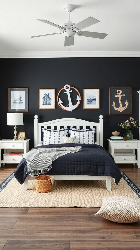 A coastal-themed bedroom featuring black walls, white furniture, and nautical decor.